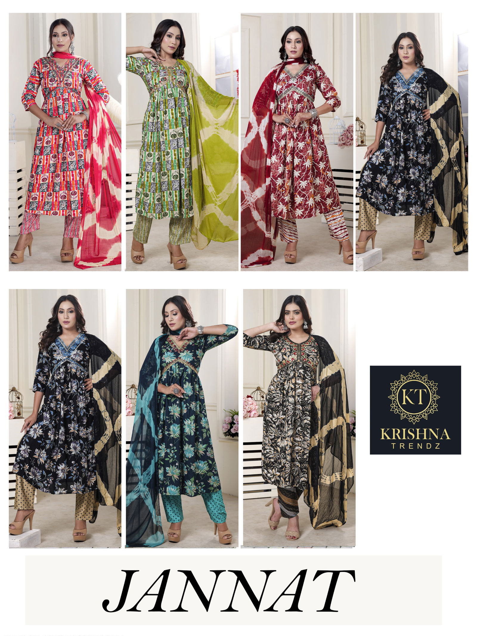 Jannat Vol 1 By Krishna Alia Cut Rayon Printed  Kurti With Bottom Dupatta Wholesale Online
